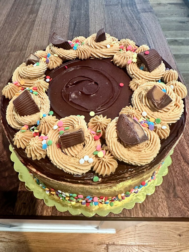 Cake with a chocolate top ringed with frosting swirls, chocolate candies and sprinkles